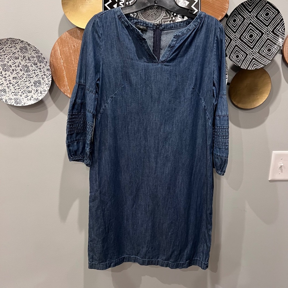 Talbots Petites Blue Denim Shift Dress 4P Pintuck 3/4 Sleeve Cotton Split Neck